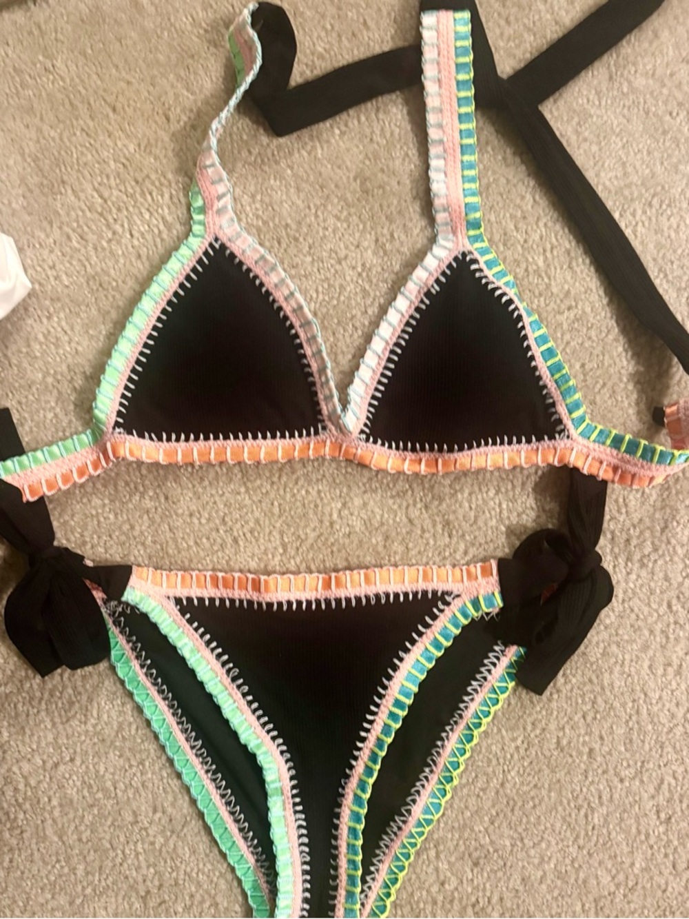 Platinum Inspired by Solange Ferrarini. Black Crochet-Trim Triangle Bikini Set